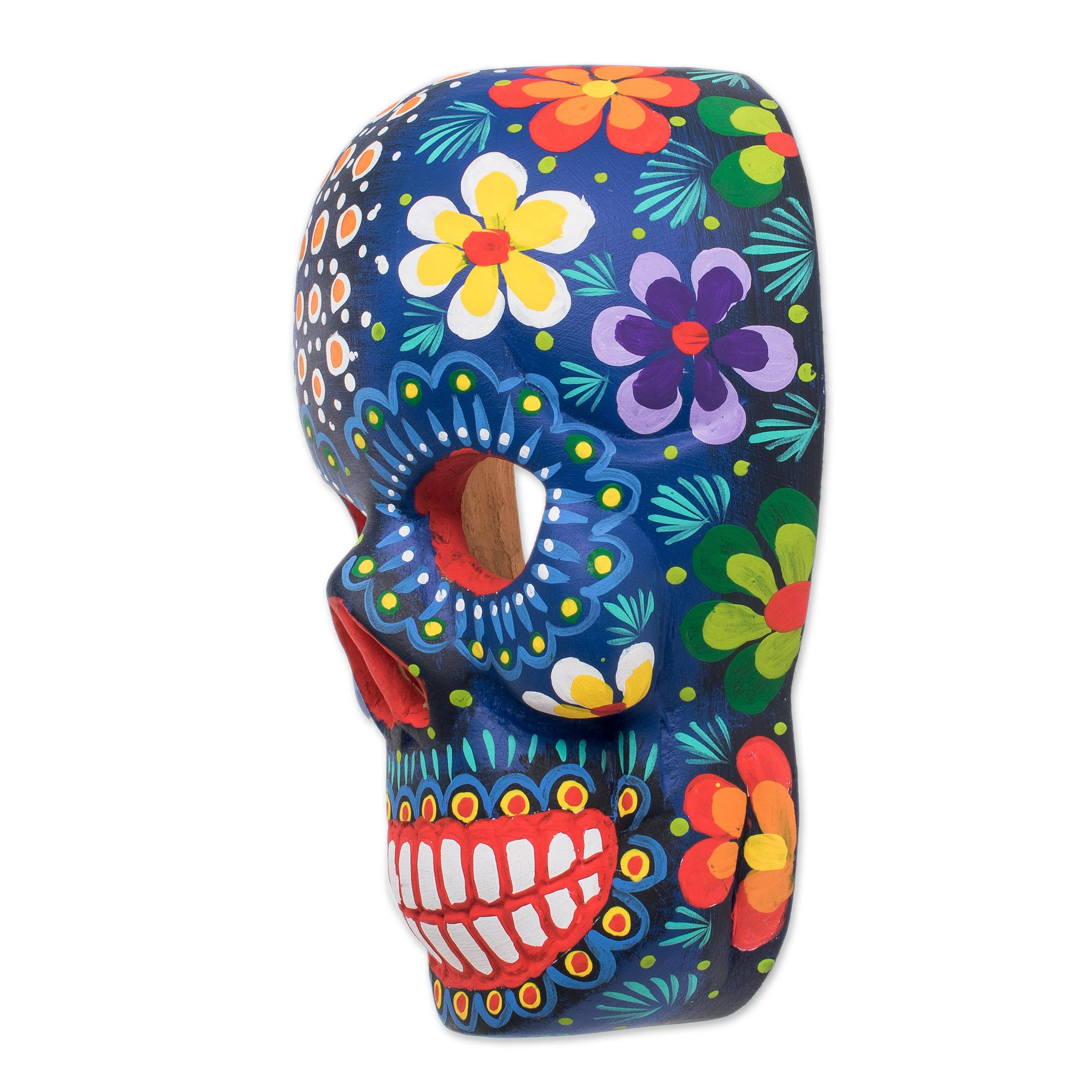 Hand-Painted Blue Floral Wood Skull Mask from Guatemala - Life and ...