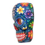 Wood mask, 'Life and Happiness' - Hand-Painted Blue Floral Wood Skull Mask from Guatemala