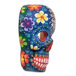 Wood mask, 'Life and Happiness' - Hand-Painted Blue Floral Wood Skull Mask from Guatemala