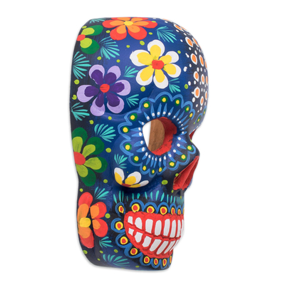 Máscara de madera - Máscara de calavera de madera floral azul pintada a mano de Guatemala