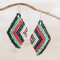 Ceramic beaded dangle earrings, 'Geometric Radiance' - Rhombus Ceramic Beaded Dangle Earrings from Guatemala