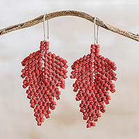 Ceramic beaded dangle earrings, 'Elegant Wind in Chili' - Leaf-Shaped Ceramic Beaded Dangle Earrings in Chili