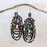 Ceramic beaded dangle earrings, 'Beautiful Garlands in Black' - Garland Pattern Ceramic Beaded Dangle Earrings in Black