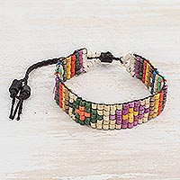 Ceramic beaded wristband bracelet, 'Diamonds of Color' - Diamond Pattern Ceramic Beaded Wristband Bracelet