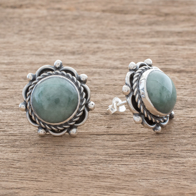Jade button earrings, 'Sunrise in Antigua' - Green Jade Button Earrings Crafted in Guatemala