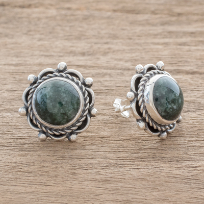 Jade button earrings, 'Antigua Sun' - Dark Green Jade Button Earrings from Guatemala