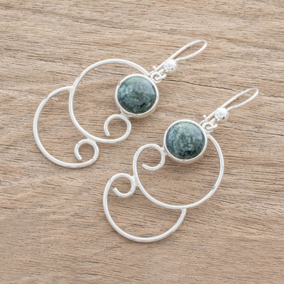 Jade dangle earrings, 'Dark Green Maya Treasure' - Curl Pattern Dark Green Jade Dangle Earrings from Guatemala