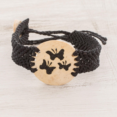 Coconut shell and lava stone macrame pendant bracelet, 'Three Butterflies' - Butterfly Motif Coconut Shell and Lava Stone Bracelet