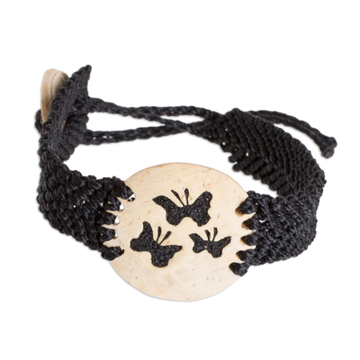 Coconut shell and lava stone macrame pendant bracelet, 'Three Butterflies' - Butterfly Motif Coconut Shell and Lava Stone Bracelet