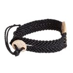 Coconut shell and lava stone macrame pendant bracelet, 'Three Butterflies' - Butterfly Motif Coconut Shell and Lava Stone Bracelet