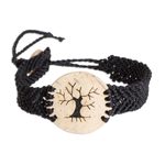 Coconut shell and lava stone macrame pendant bracelet, 'Bare Tree' - Coconut Shell and Lava Stone Tree Pendant Bracelet