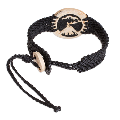 Coconut shell pendant bracelet, 'Fiery Volcano' - Coconut Shell and Lava Stone Volcano Pendant Bracelet