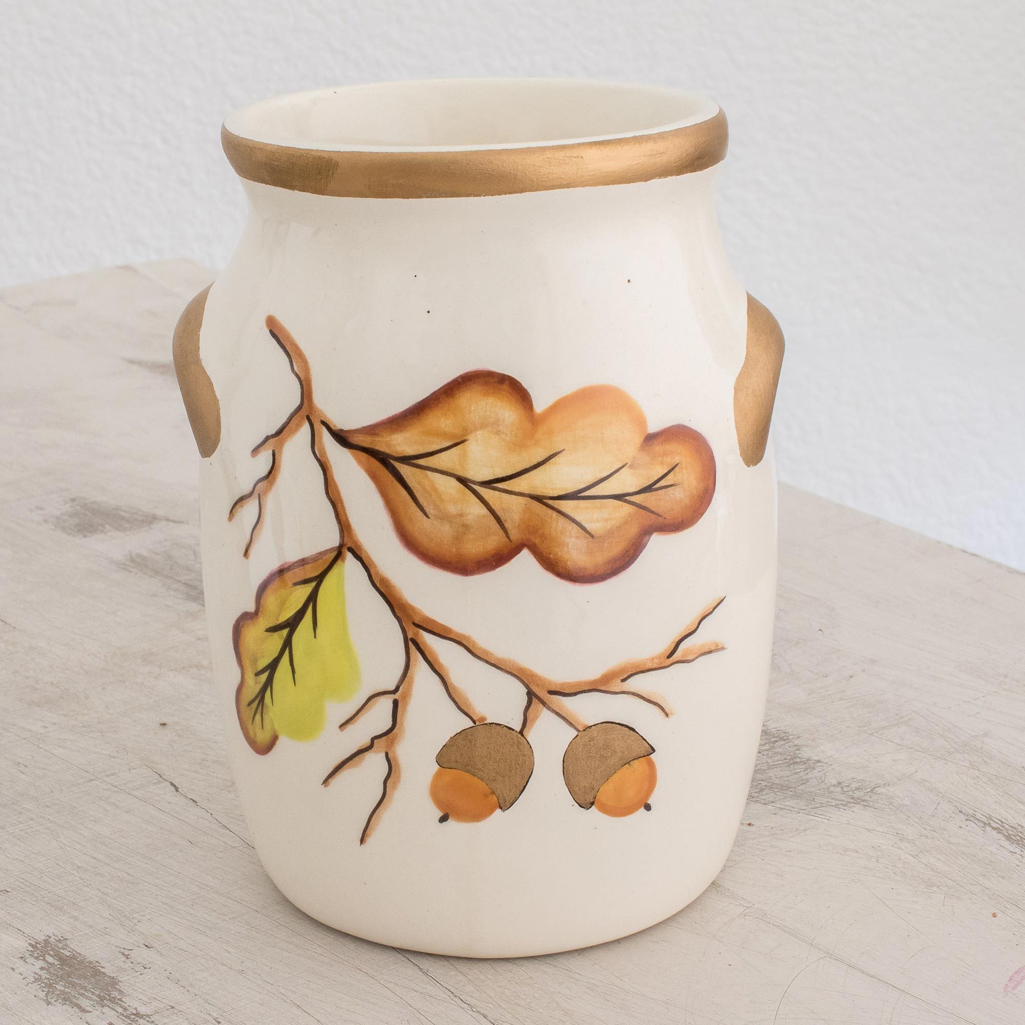 Ceramic Utensil Holder With Hand Painted Leaf Motifs Breath Of
