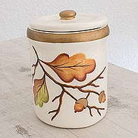 Ceramic jar, 'Breath of Autumn' - Hand-Painted Leaf Motif Ceramic Jar from Guatemala