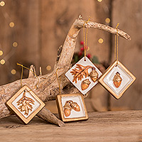 Ceramic ornaments, 'Acorn Leaves in Gold' (set of 4)