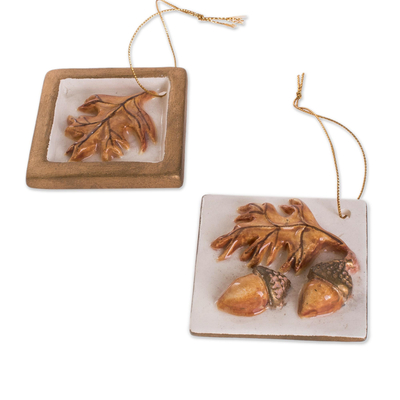 Ceramic ornaments, 'Acorn Leaves in Gold' (set of 4) - Acorn and Leaf Motif Ceramic Ornaments in Gold (Set of 4)