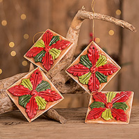 Ceramic ornaments, 'Christmas Azaleas' (set of 4) - Red and Green Ceramic Azalea Ornaments (Set of 4)