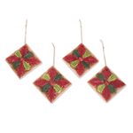 Ceramic ornaments, 'Christmas Azaleas' (set of 4) - Red and Green Ceramic Azalea Ornaments (Set of 4)