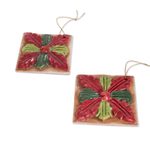 Ceramic ornaments, 'Christmas Azaleas' (set of 4) - Red and Green Ceramic Azalea Ornaments (Set of 4)