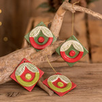 Ceramic ornaments, 'Christmas Baskets' (set of 4) - Red and Green ceramic Ornaments from Guatemala (Set of 4)