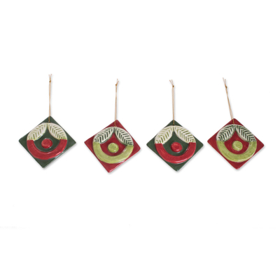 Ceramic ornaments, 'Christmas Baskets' (set of 4) - Red and Green ceramic Ornaments from Guatemala (Set of 4)