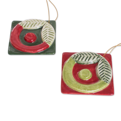 Ceramic ornaments, 'Christmas Baskets' (set of 4) - Red and Green ceramic Ornaments from Guatemala (Set of 4)