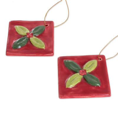 Ceramic ornaments, 'Mistletoe' (set of 4) - Green and Red Ceramic Mistletoe Ornaments (Set of 4)