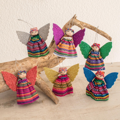 Cotton ornaments, 'Quitapenas Angels' (set of 6) - Cultural Cotton Angel Ornaments from Guatemala (Set of 6)