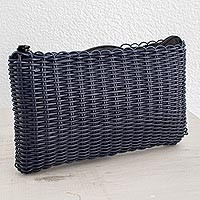 Recycled plastic cosmetic bag, 'Eco Weave in Navy' - Handwoven Recycled Plastic Cosmetic Bag in Navy