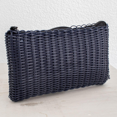 Handwoven cosmetic bag, 'Eco Weave in Navy' - Handwoven Recycled Cord Cosmetic Bag in Navy