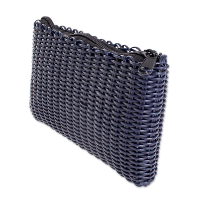 Handwoven cosmetic bag, 'Eco Weave in Navy' - Handwoven Recycled Cord Cosmetic Bag in Navy
