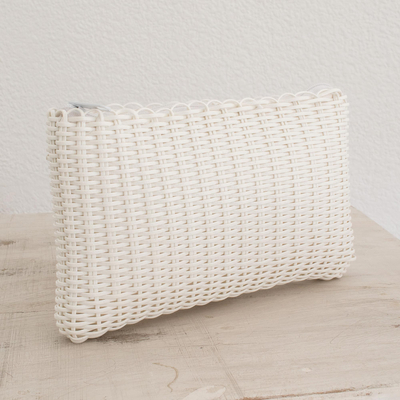 Recycled plastic cosmetic bag, 'Eco Weave in Snow White' - Handwoven Recycled Plastic Cosmetic Bag in Snow White