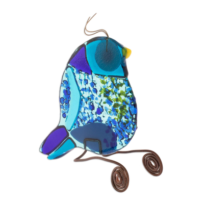 Figura de vidrio artístico, 'Paradise Bird' - Figura de pájaro de vidrio fundido en azul de El Salvador