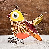 Art glass figurine, 'Bright Bird' - Fused Art Glass Bird Figurine in Yellow from El Salvador
