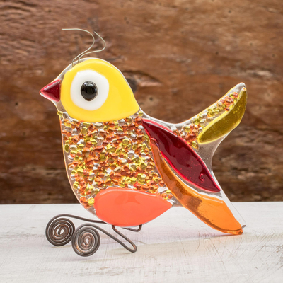 Kunstglasfigur, 'Bright Bird' (Heller Vogel) - Vogelfigur aus geschmolzenem Kunstglas in Gelb aus El Salvador