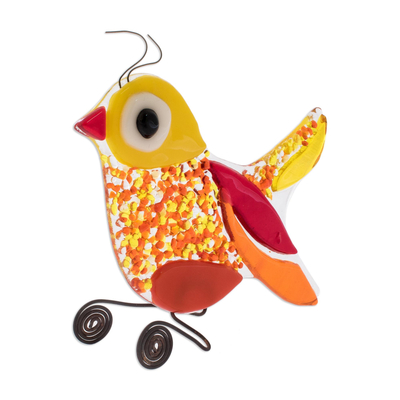 Figura de vidrio artístico, 'Bright Bird' - Figura de pájaro de vidrio artístico fundido en amarillo de El Salvador