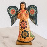Wood sculpture, 'Angel of Prayer' - Floral Wood Praying Angel Sculpture from Guatemala