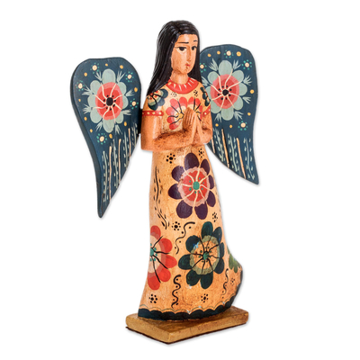 Wood sculpture, 'Angel of Prayer' - Floral Wood Praying Angel Sculpture from Guatemala