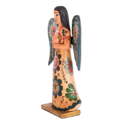 Wood sculpture, 'Angel of Prayer' - Floral Wood Praying Angel Sculpture from Guatemala