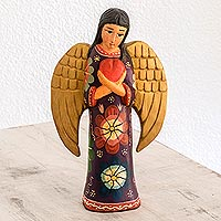 Wood sculpture, 'Comfort and Love' - Floral Pinewood Sculpture of an Angel from Guatemala