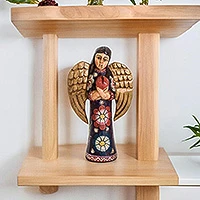 Wood sculpture, 'Comfort and Love' - Floral Pinewood Sculpture of an Angel from Guatemala