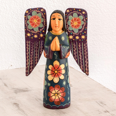 Wood sculpture, 'Humble Prayer' - Floral Wood Praying Angel Sculpture from Guatemala