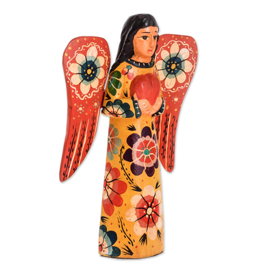 Holzskulptur, „Frieden anbieten“. - Blumenholz-Engel-Skulptur mit einem Herz aus Guatemala