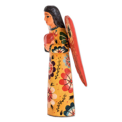 Wood sculpture, 'Offering Peace' - Floral Wood Angel Sculpture Holding a Heart from Guatemala