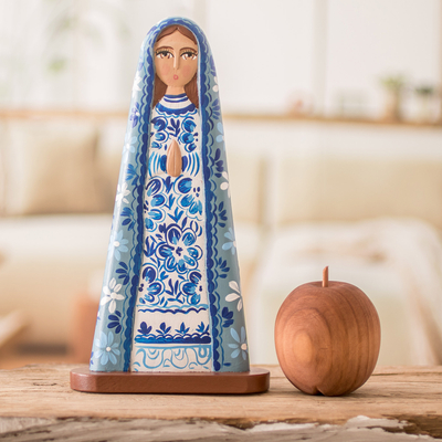 Wood decorative accent, 'Love Unconditional' - Floral Wood Mother Mary Decorative Accent in Blue