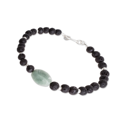 Jade and lava stone beaded pendant bracelet, 'Apple Green Mountain of Lava' - Apple Green Jade and Lava Stone Beaded Pendant Bracelet