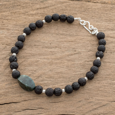 Jade and lava stone beaded pendant bracelet, 'Dark Green Mountain of Lava' - Dark Green Jade and Lava Stone Beaded Pendant Bracelet