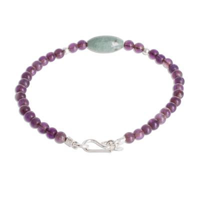 Jade and amethyst beaded pendant bracelet, 'Garden of Delight' - Jade and Amethyst Beaded Pendant Bracelet from Guatemala