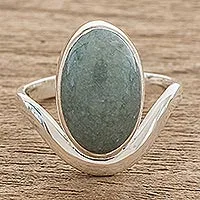 Jade cocktail ring, 'Mystery of the Earth' - Oval Apple Green Jade Cocktail Ring from Guatemala