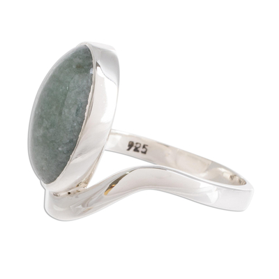 Jade cocktail ring, 'Mystery of the Earth' - Oval Apple Green Jade Cocktail Ring from Guatemala